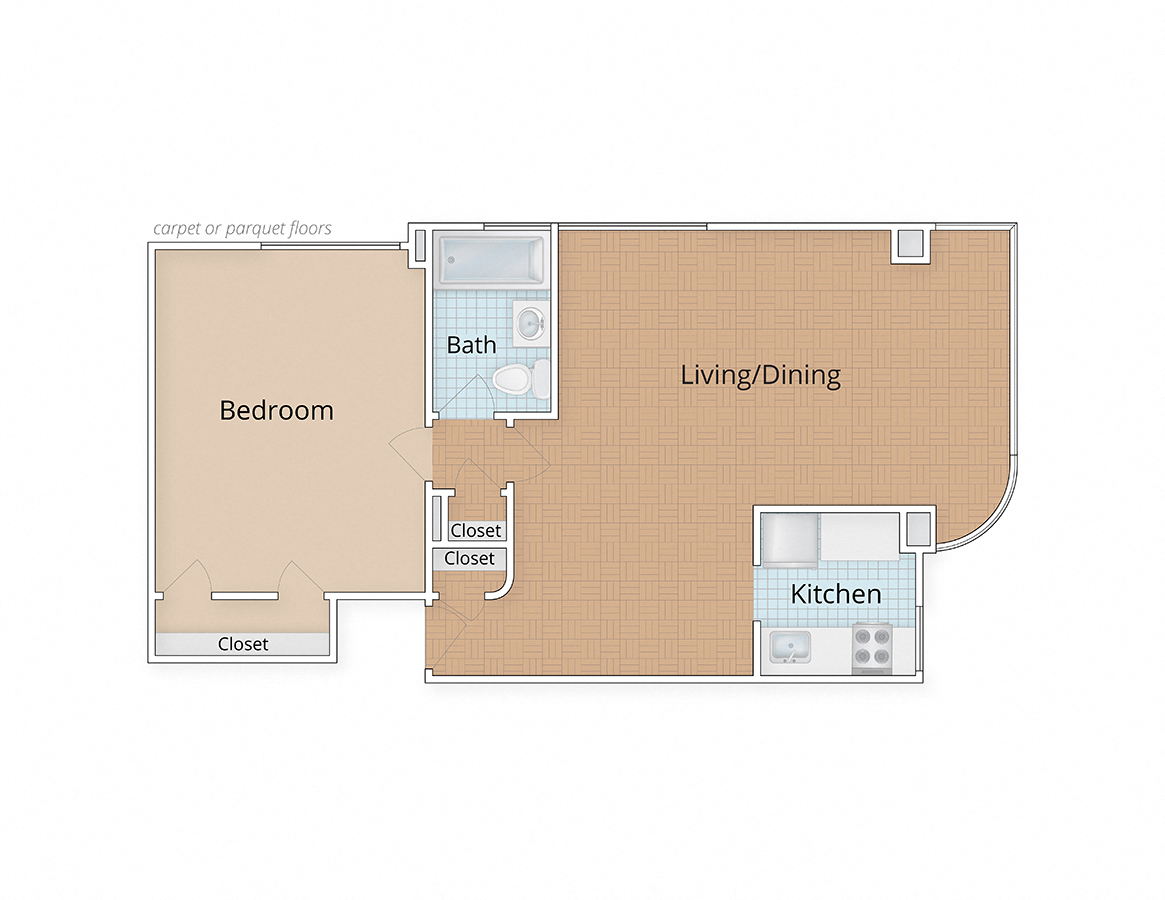 Floor plan for 1 bed, 1 bath, 686 sqft